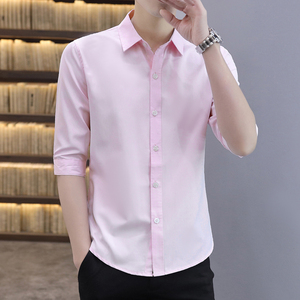 夏季男士中袖衬衫韩版简约纯色小翻领短袖衬衣七分袖帅气正装忖衫