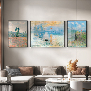印象派莫奈客厅装饰画世界名画油画沙发背景墙挂画抽象风景三联画