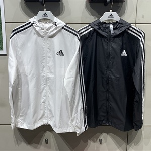 Adidas阿迪达斯外套男女连帽夹克宽松风衣经典三条纹梭织速干春季