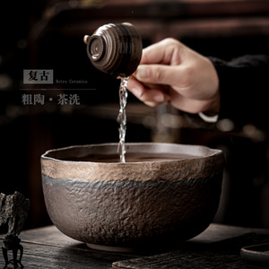 中式茶洗大号复古家用水盂茶渣缸笔洗陶瓷杯洗仿柴烧建水茶道配件