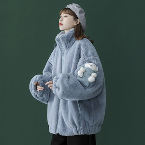 小熊棉服女冬季设计感小众羊羔绒韩风chic毛茸茸加厚短款棉服外套