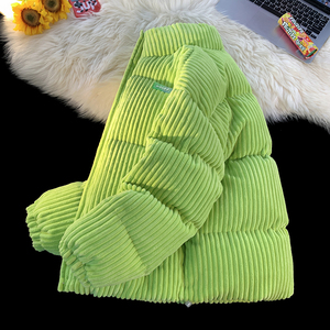 荧光绿灯芯绒棉服外套女冬季2024新款加厚保暖设计感韩版立领棉衣