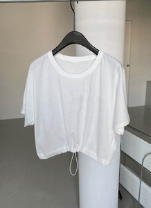 韩国东大门夏季2024新款白色设计感下摆抽绳短袖T恤短款上衣女潮
