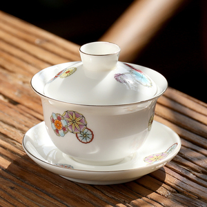 一翁|羊脂玉瓷盖碗茶杯德化白瓷三才盖碗家用陶瓷泡茶碗功夫茶具