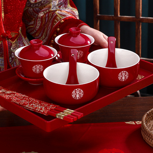 改口敬茶杯子结婚套装一对碗筷红色敬酒对杯喜庆喜碗陪嫁茶具婚礼