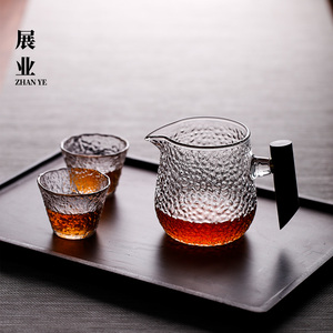 展业加厚锤纹公道杯玻璃茶漏一体套装木把手日式功夫茶茶具分茶器
