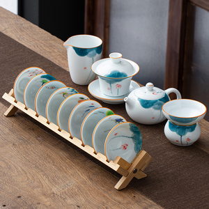 手绘荷韵斗笠茶杯整套泡茶茶具加沥水茶杯架陶瓷家用功夫茶器盖碗
