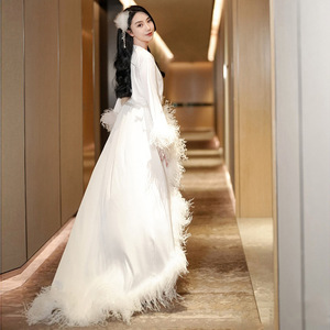 晨袍新娘女生婚礼法式结婚礼服睡袍大码晚会性感睡衣白色浴袍长裙