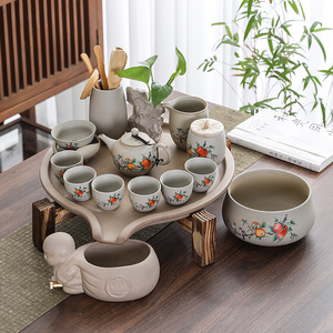台湾老岩泥粗陶功夫茶具茶盘套装家用泡茶壶创意古陶茶杯盖碗茶道