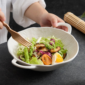 创意不规则沙拉碗家用2023新款双耳防烫陶瓷日式拉面碗深盘水果碗