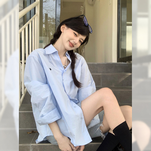 韩系蓝色长袖衬衫女装春季新款设计感小众刺绣宽松显瘦中长款上衣