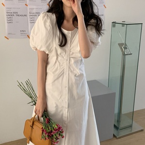 韩风chic白色泡泡袖连衣裙女法式复古气质方领褶皱收腰显瘦长裙子