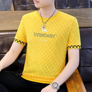 冰丝格子短袖t恤男夏季潮牌针织上衣男款黄色休闲半截袖高端体恤