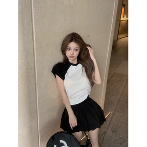韩系简约运动套装女撞色圆领短袖T恤女夏季新款高腰半身蓬蓬短裙