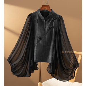 外贸出口品牌尾单新中式欧根纱旗袍立领衬衫女蝙蝠袖雪纺小衫上衣