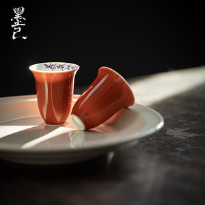 墨己茶杯矾红釉下彩手写品茗杯青花题词陶瓷喝茶单杯苏东坡赤壁赋