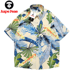 Aape peae夏威夷花衬衫男短袖夏季薄款潮牌套装冰丝短裤沙滩衬衣