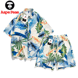 Aape peae夏季冰丝套装男短袖夏威夷度假衬衫休闲短裤海滩花衬衣