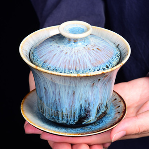 天目拉丝建盏盖碗 家用窑变钧瓷功夫茶具单个三才盖碗泡茶敬茶碗