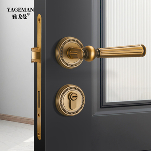 雅戈曼黄古铜门锁室内卧室法式门把手房间复古美式静音磁吸木门锁