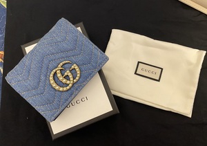 真 正品二手 近新品 古奇 Gucci 日本限定牛仔珍珠扣双G 女士钱包