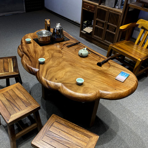 胡桃木实木大板茶桌简约办公室茶板原木根雕茶台整块大板桌椅组合