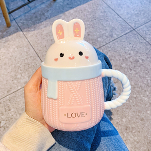 可爱兔子杯子带盖带勺子创意马克杯女生陶瓷水杯家用办公室咖啡杯