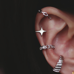 设计感叠戴式螺纹星星个耳夹日韩版小方钻链条无耳洞耳骨耳环女