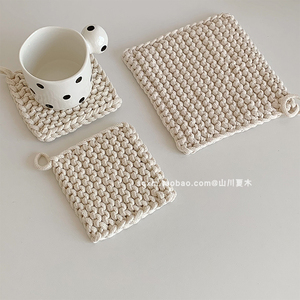 ins日式简约方形棉绳编织杯垫防烫餐桌垫家用盘子碗隔热垫耐高温