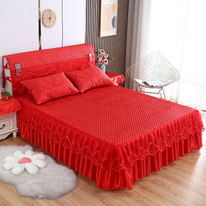 结婚红色床罩床裙床头罩一体全套防尘夹棉床笠盖布带裙边套装蕾丝