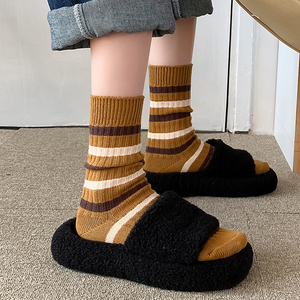 秋冬季粗针毛线中筒女袜袜子女加厚保暖堆堆袜暖橘色森系纯棉长袜