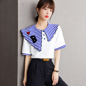 海军领t恤女韩版气质设计感小众蓝色条纹宽松短袖上衣衬衫夏季