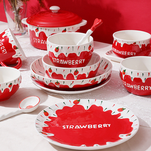 可爱草莓陶瓷碗创意圣诞甜品碗沙拉碗泡面碗菜盘子马克杯创意餐具