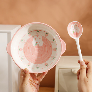 草莓兔陶瓷双耳蒸蛋碗釉下彩家用可爱宝宝辅食碗可微波炉加热餐具