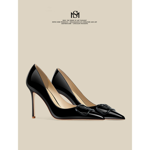 MESIRA/米诗拉法式高跟鞋女时尚方扣黑色漆皮职业单鞋细跟8CM女鞋