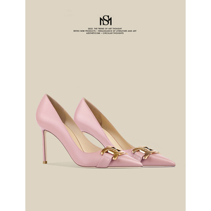 MESIRA/米诗拉今年流行的鞋子2024时尚金属扣细跟粉色高跟单鞋女