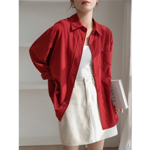 高级感红色薄款长袖衬衫女夏季2024新款外搭开衫防晒衬衣外套上衣
