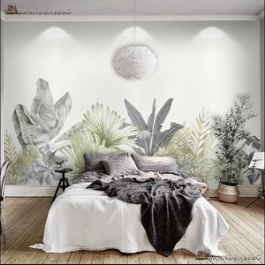 简约现代绿色植物壁纸沙发客厅背景墙纸创意花草壁画餐厅无缝墙布