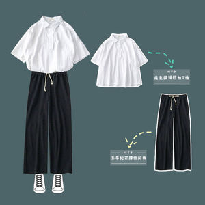 2021夏季学院风套装女学生韩版宽松短袖衬衫+九分阔腿裤两件套潮