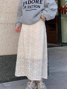 韩国chic春夏高级感温柔气质立体花蕾丝高腰半身裙时尚显瘦a字裙