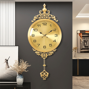 欧式钟表挂钟客厅家用轻奢风黄铜复古美式金属时钟挂墙静音石英钟
