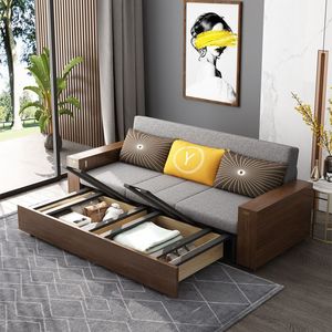 新实木沙发床中式可折叠多功能储物双人推拉坐卧两用小户型变形沙