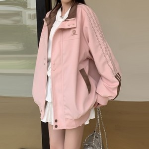 粉色棒球服外套女2024春季新款设计感宽松翻领初高中学生夹克上衣