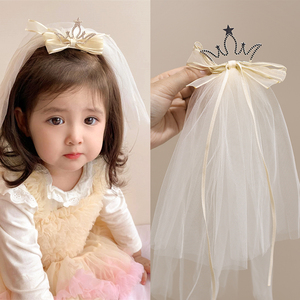 韩系女宝宝公主头纱发夹立体亮钻皇冠发卡顶夹儿童生日纱纱头饰