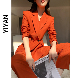 橘红色西服套装女2024春秋季新款小个子正装高级感九分裤西装套装