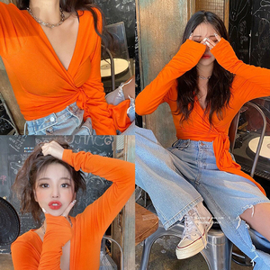 韩国东大门女装春秋短款长袖T恤小众修身女生打底衫上衣女橘色杉