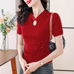 新中式国风立领盘扣短袖t恤女士夏季红色小衫不规则收腰显瘦上衣