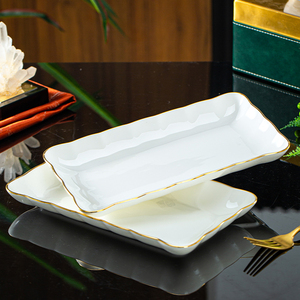 景德镇餐具纯白金边骨瓷盘子创意长方形盘家用蒸鱼盘陶瓷寿司盘