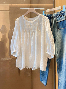 白色雪纺刺绣波浪边衬衫女2024新款夏季设计感小众法式泡泡袖上衣