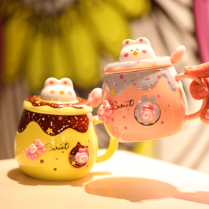少女心带盖勺马克杯甜甜圈兔陶瓷水杯男女学生咖啡杯家用喝水杯子